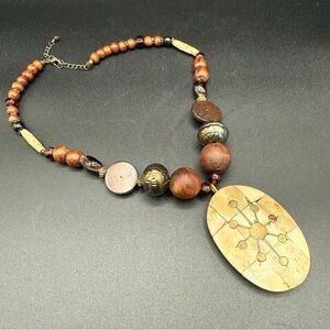 Vintage Handcrafted Carved Camel Bones with Brass Inlayed Wooden Beaded Necklace